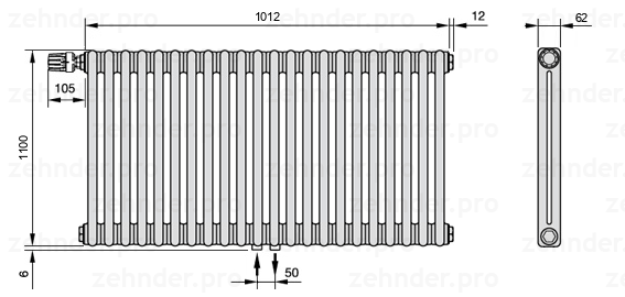 Схема (чертеж) Радиатор Zehnder Charleston 2110/22 №V007 Белый глянцевый RAL 9016